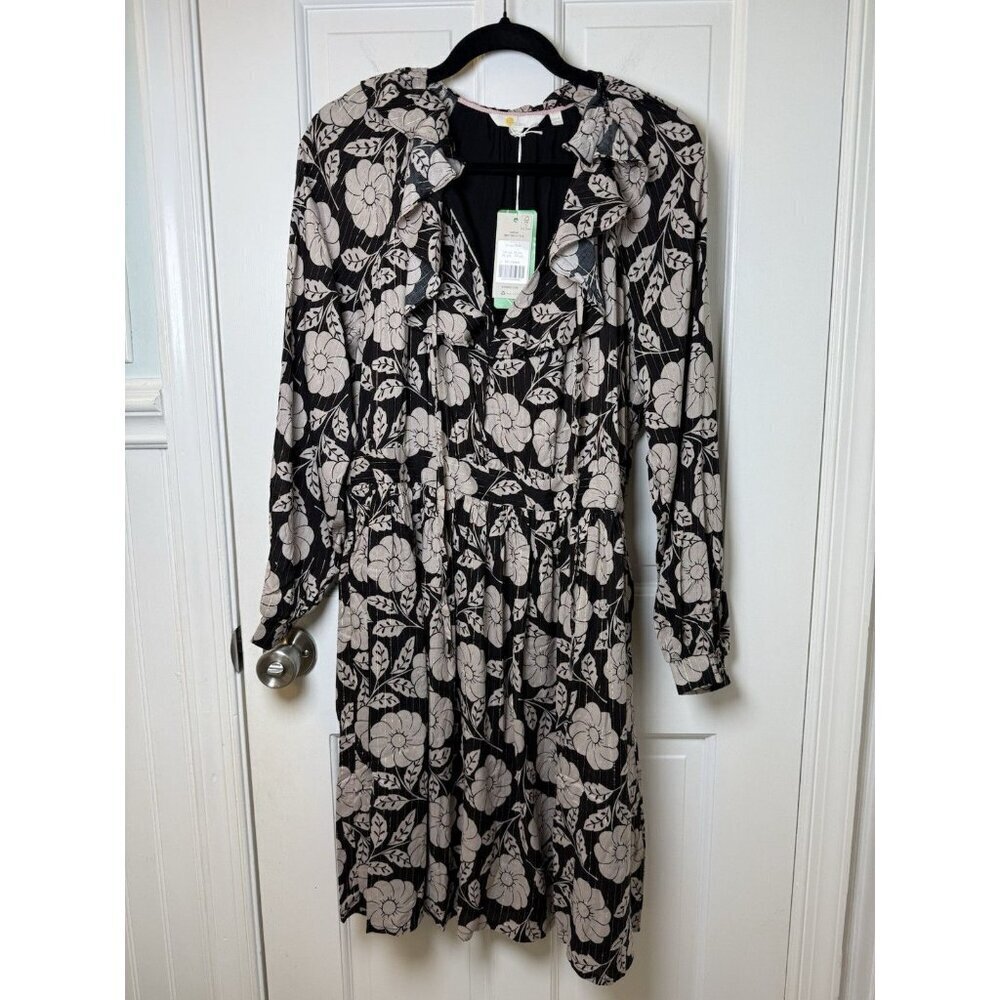 Boden Black Gold Metallic Floral Notch Neck Ruffle Long Sleeve Dress SZ 10L NWT